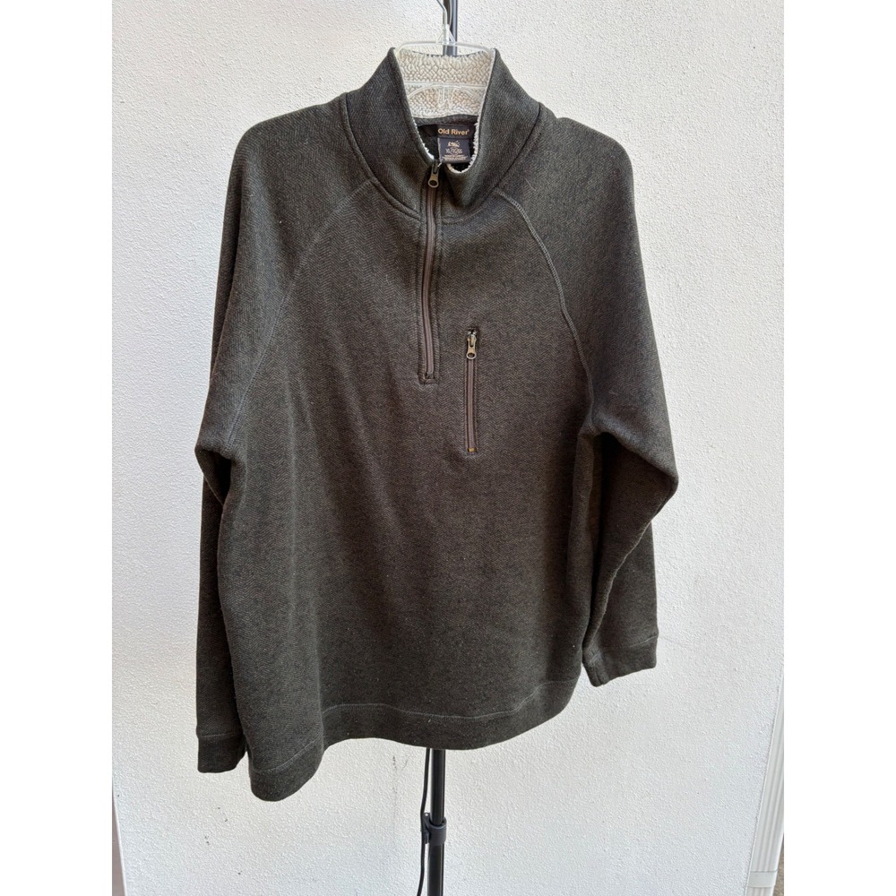 Old River Mens XL‎ Quarter Zip Pullover Sweater Sherpa Lined Collar Olive Green